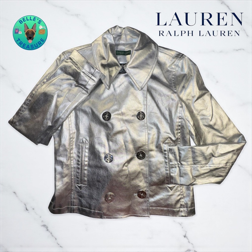 Ralph Lauren LRL Womens Medium Silver Metallic Moto Jacket Anchor Button Up Coat